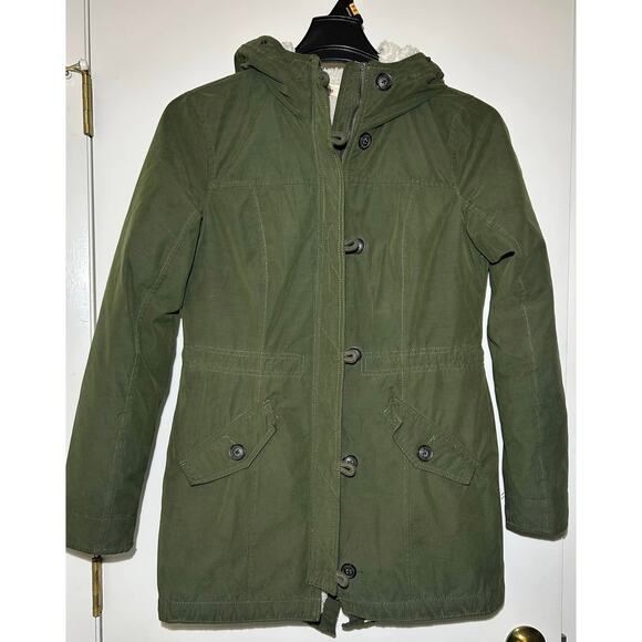 HOLLISTER Olive Green All-Weather Sherpa-Lined Parka Jacket Hooded Womens M - Picture 1 of 10